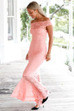 Pink Bardot Lace Fishtail Maxi Dress