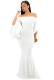 White Off Shoulder Pleated Bell Sleeves Party Evening Maxi Dress
