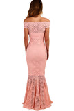 Pink Bardot Lace Fishtail Maxi Dress