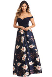 Off Shoulder Sweetheart Neck Bodice Floral Print Gown