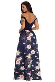 Off Shoulder Sweetheart Neck Bodice Floral Print Gown
