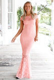 Pink Bardot Lace Fishtail Maxi Dress