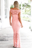Pink Bardot Lace Fishtail Maxi Dress