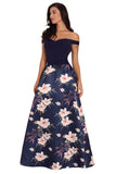Off Shoulder Sweetheart Neck Bodice Floral Print Gown