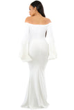 White Off Shoulder Pleated Bell Sleeves Party Evening Maxi Dress